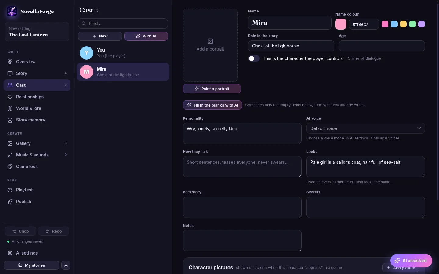 The cast editor with a character profile