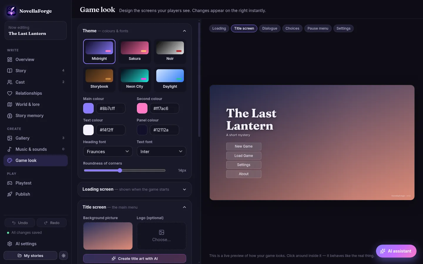 The Game look page: themes, fonts and colours with a live preview of the title screen