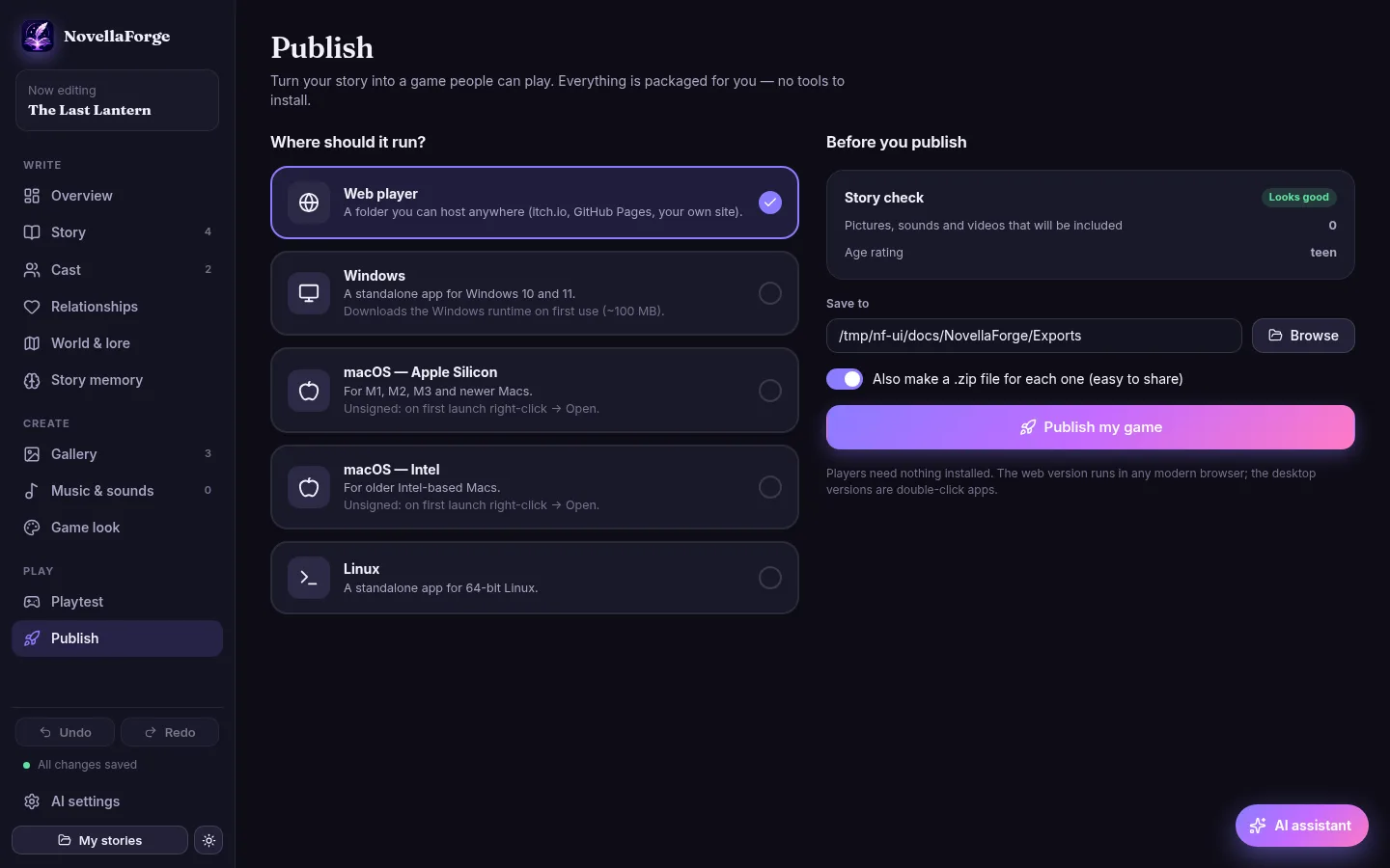 The Publish page offering a web player and apps for Windows, macOS and Linux