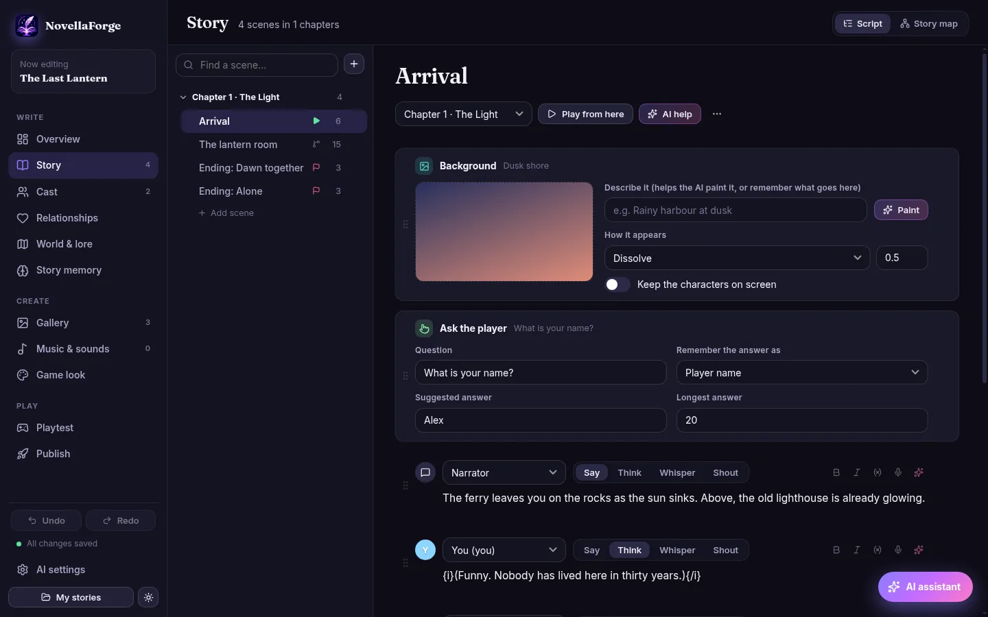 The story editor with a scene of dialogue, narration and a picture